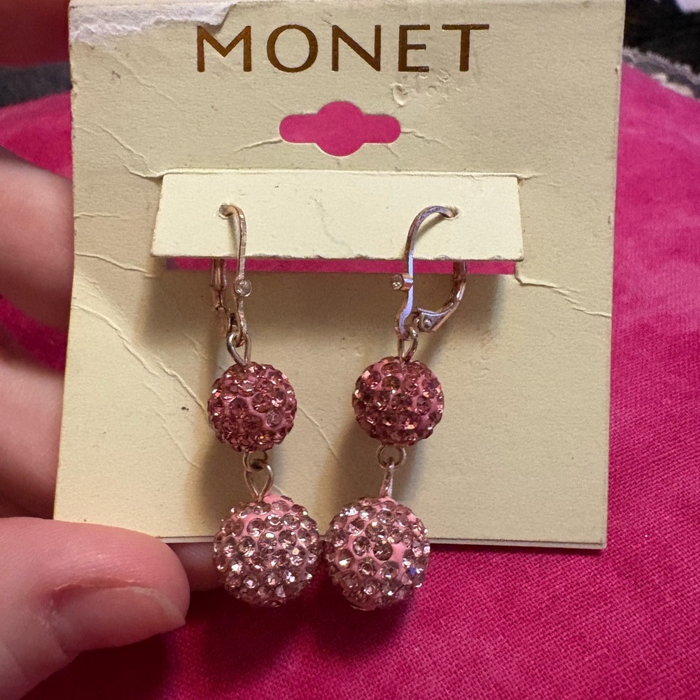 Monet Pink Dangle Earrings with Crystal Beads